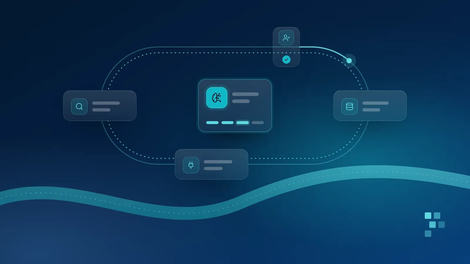 Abstract illustration: a looping track links cards for search, a database and a plug connector around a central AI card. A glowing node has just passed a person-approval checkpoint, and a dotted trail follows the whole loop