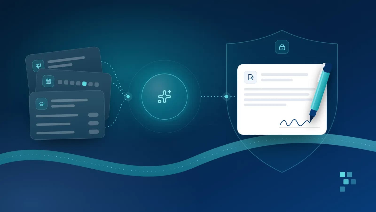 Abstract cover: a loose pile of school papers (a notice, a calendar and a report card) flows through a glowing teal lens into one neat document that a pen is signing, set inside a large shield outline with a lock at its top