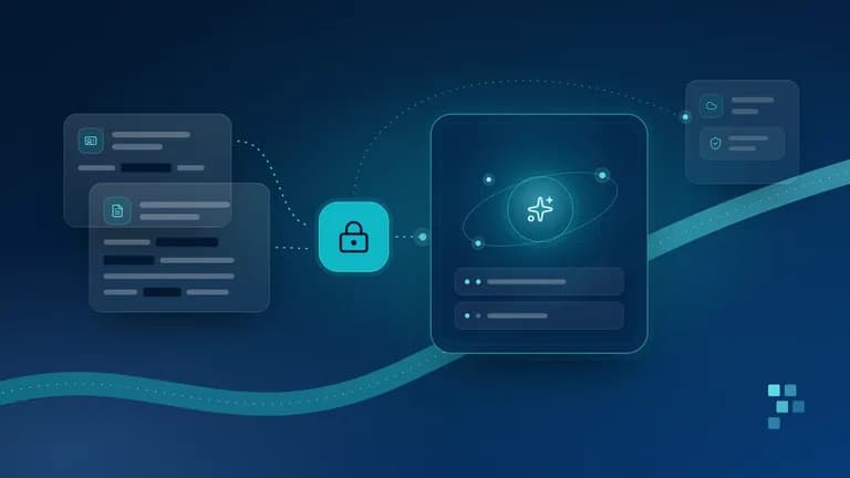 Abstract cover: document cards with masked lines send dashed data paths through a teal lock into a walled enclosure holding a glowing model node and server units, while a fainter path leads to an outside cloud panel with a shield