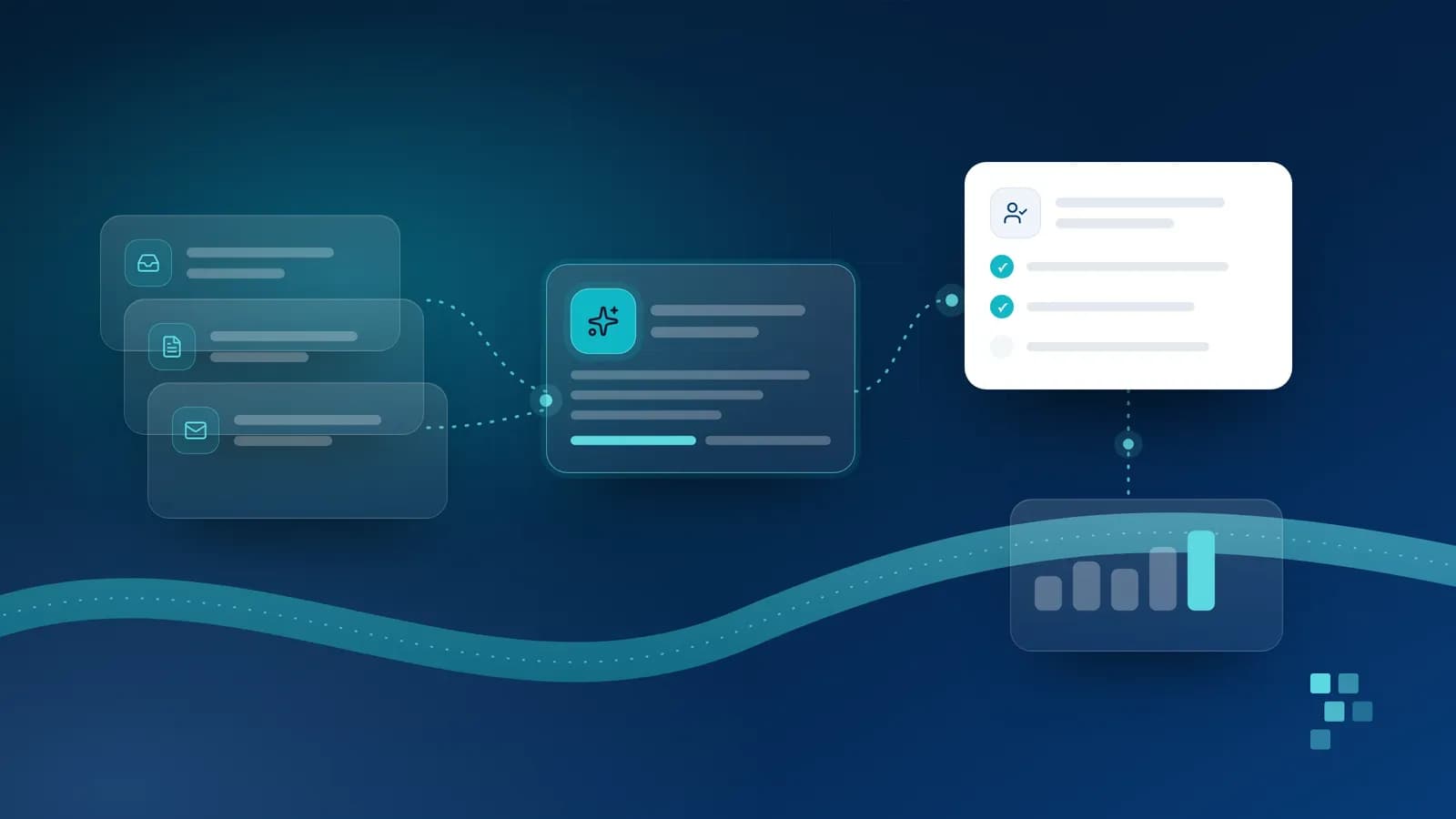 Abstract cover: a stack of inbox, document and mail cards sends dashed paths into a glowing AI step card, which hands off to a white review card with two ticked items and one pending, above a bar chart