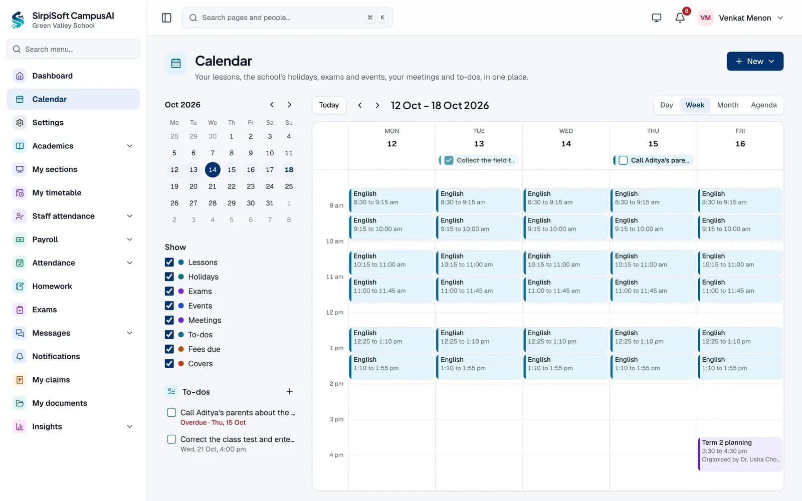 A teacher's week in the calendar: lessons, a meeting and to-dos