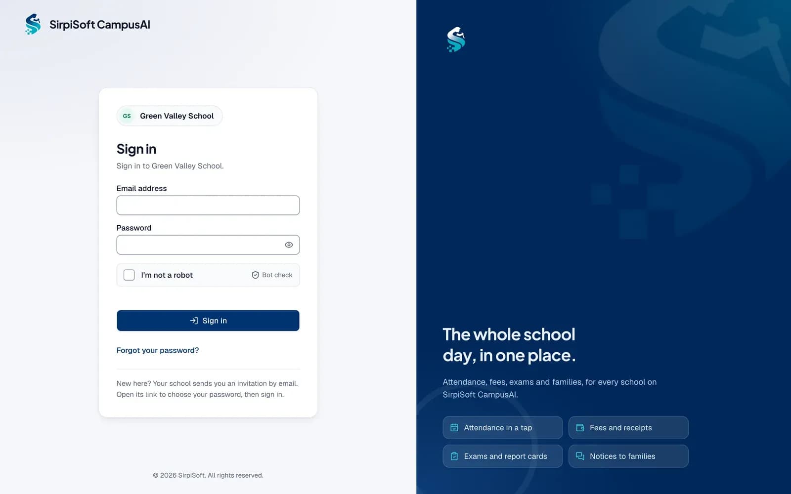 A school's own SirpiSoft CampusAI sign-in page