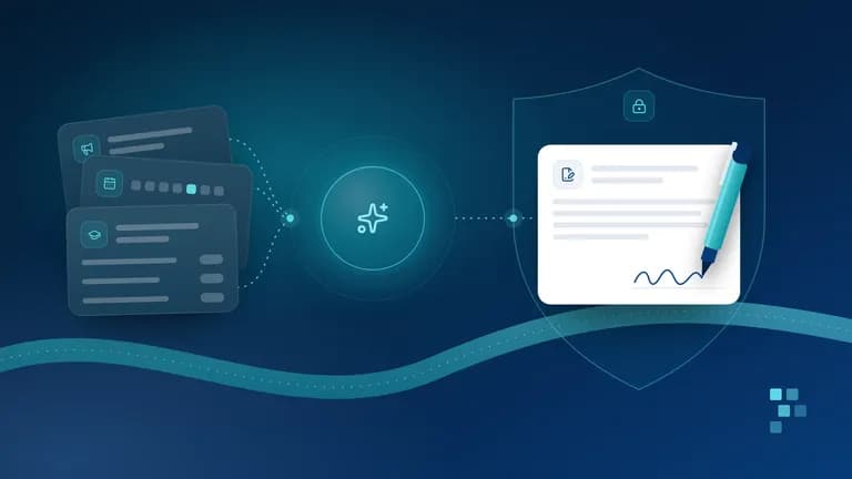 Abstract cover: a loose pile of school papers (a notice, a calendar and a report card) flows through a glowing teal lens into one neat document that a pen is signing, set inside a large shield outline with a lock at its top