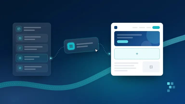 Abstract cover: an editor panel lists four content section types, and a cursor drags the grid section into an empty dashed slot on a white web page that already has a header, a hero banner and a text-and-image section