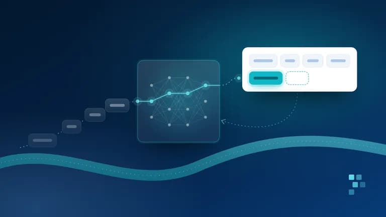 Abstract cover: a stream of small rounded tiles flows into a softly glowing lattice of connected nodes; one teal tile comes out and joins the end of a growing row of tiles on a white card, and a dashed arc loops back to the lattice