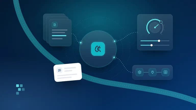Abstract cover: a round glass form with a teal tile at the centre, fed by dotted paths from a stack of document sheets, a tuning dial with sliders and a linked row of gear, plug and grid tiles, with a small white instruction card resting beside it